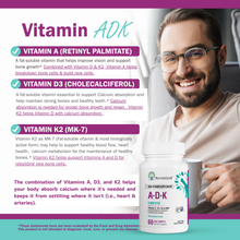 Load image into Gallery viewer, ADK Vitamin Supplement - High Potency Vitamin A, D3, K2 (MK-7) for Bone, Heart, and Cholesterol Support, 60 Capsules (2 Month-Supply)