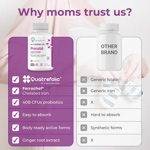 Prenatal Vitamins for Women with Folate, Iron, Methyl B12, and Probiotics – 60 Vegan Capsules