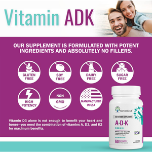ADK Vitamin Supplement - High Potency Vitamin A, D3, K2 (MK-7) for Bone, Heart, and Cholesterol Support, 60 Capsules (2 Month-Supply)
