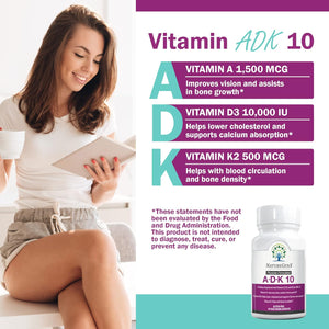 NatureGenX ADK 10 - Vitamin ADK Supplement - 10,000 IU for Bone, Heart & Immunity Support, Non-GMO, Doctor Formulated - 90 Veggie Capsules