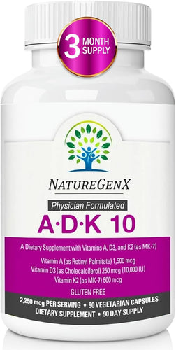 NatureGenX ADK 10 - Vitamin ADK Supplement - 10,000 IU for Bone, Heart & Immunity Support, Non-GMO, Doctor Formulated - 90 Veggie Capsules
