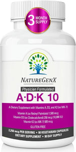 NatureGenX ADK 10 - Vitamin ADK Supplement - 10,000 IU for Bone, Heart & Immunity Support, Non-GMO, Doctor Formulated - 90 Veggie Capsules