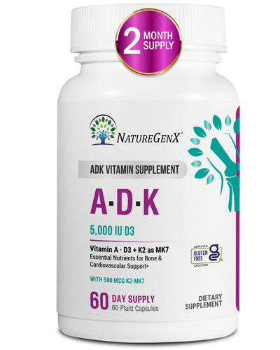 ADK Vitamin Supplement - High Potency Vitamin A, D3, K2 (MK-7) for Bone, Heart, and Cholesterol Support, 60 Capsules (2 Month-Supply)