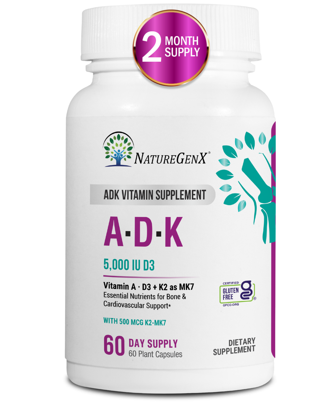 ADK Vitamin Supplement - High Potency Vitamin A, D3, K2 (MK-7) for Bone, Heart, and Cholesterol Support, 60 Capsules (2 Month-Supply)