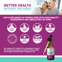 Load image into Gallery viewer, Vitamin D3 10,000 IU Liquid - High Potency Supplement for Bone, Heart, and Immune Health | Vegan, Non-GMO